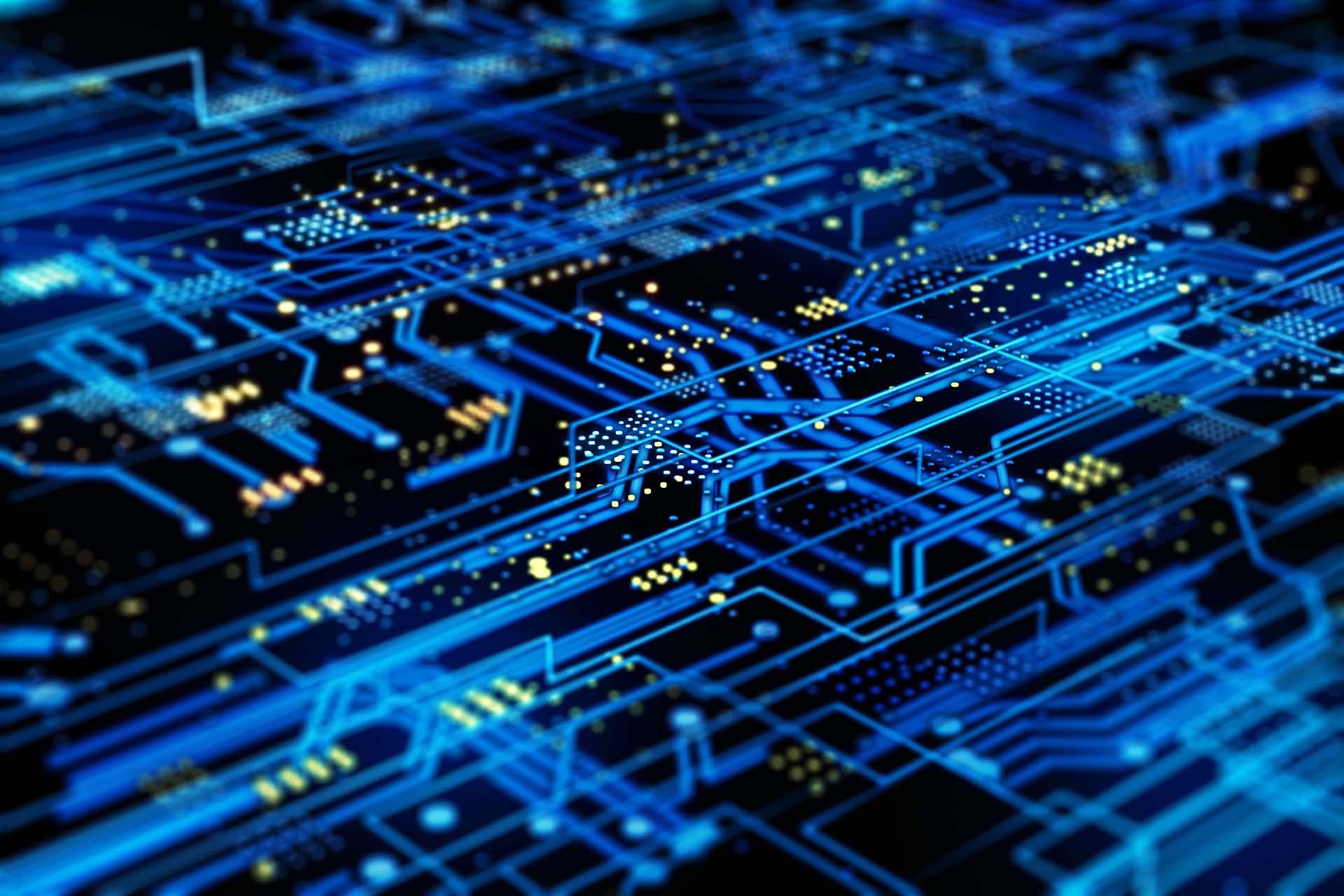 Futuristic circuit board on a dark blue background.